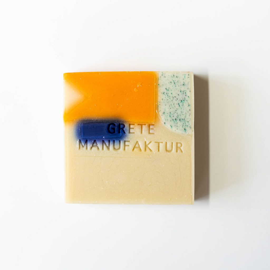 Grete Manufaktur - SEIFE CONSTANZE - LAVENDEL & THYMIAN - Punkte Orange Blau