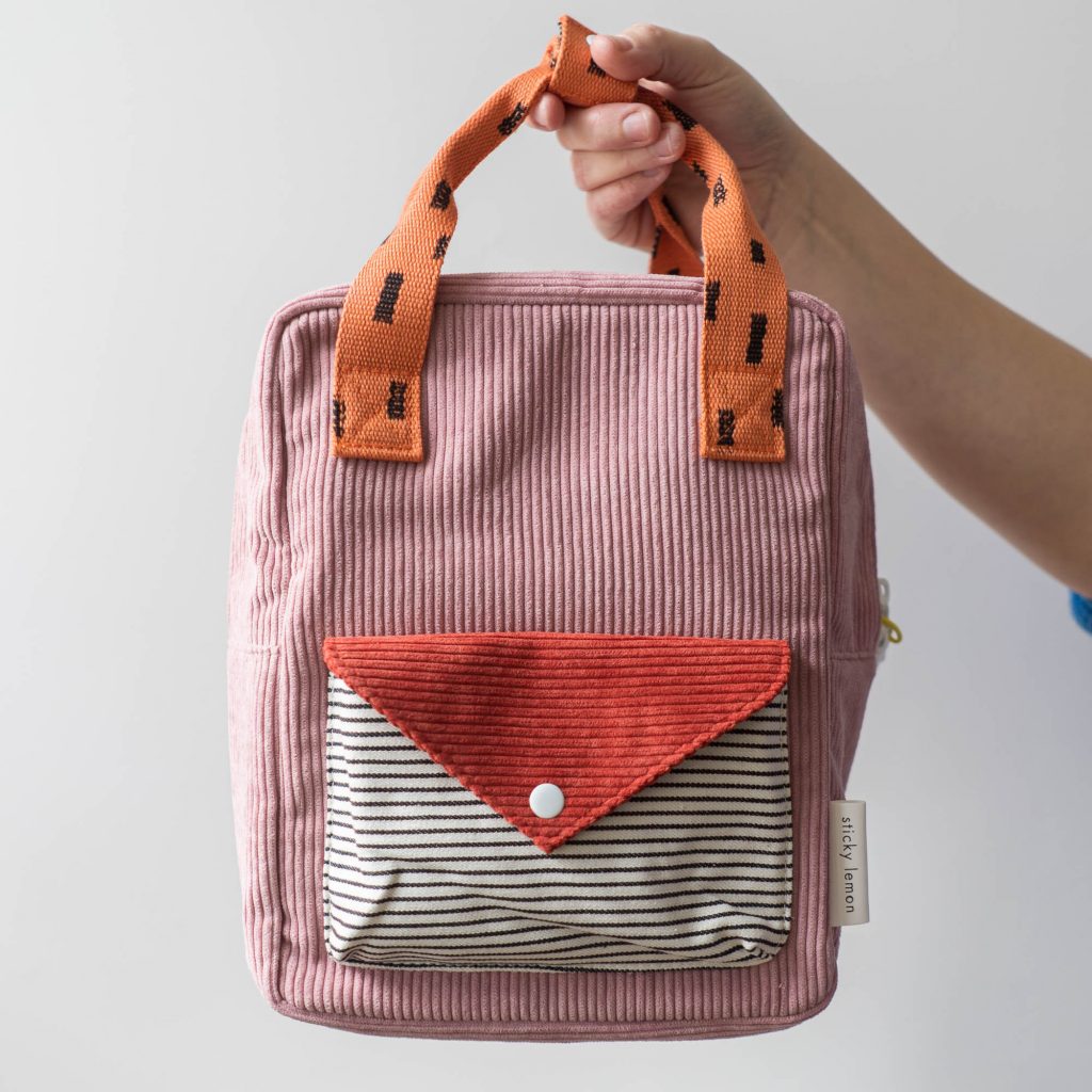 Sticky Lemon backpack small | corduroy - dusty pink + marmalade + carrot orange