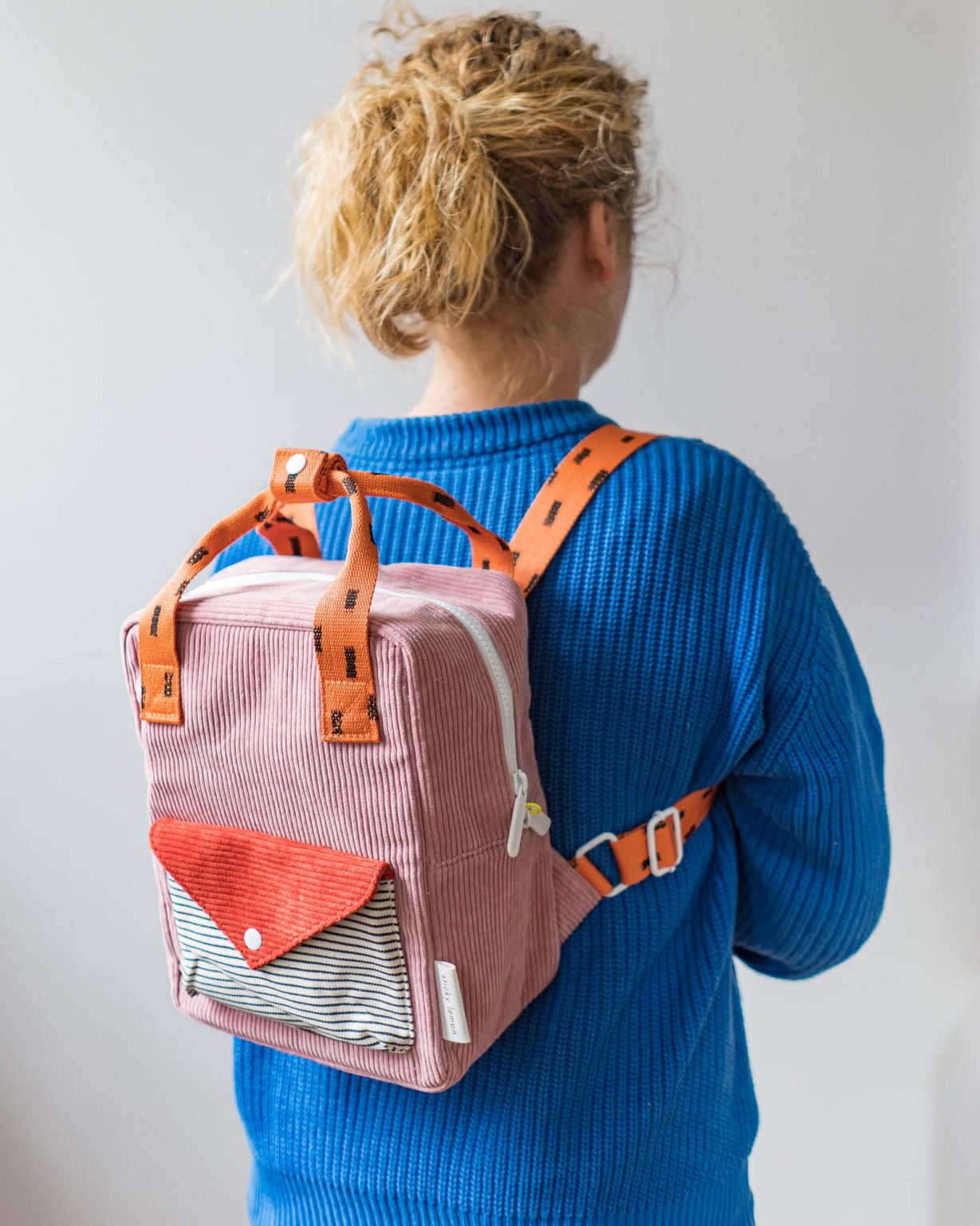 Sticky Lemon backpack small | corduroy - dusty pink + marmalade + carrot orange